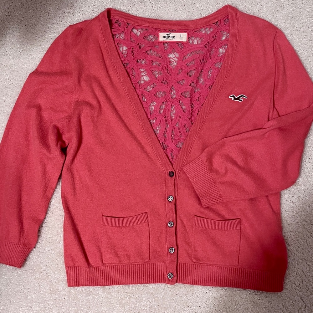 Hollister 3/4 Sleeve Lace Back Pocket Front Cardigan Sweater Classic 2000s